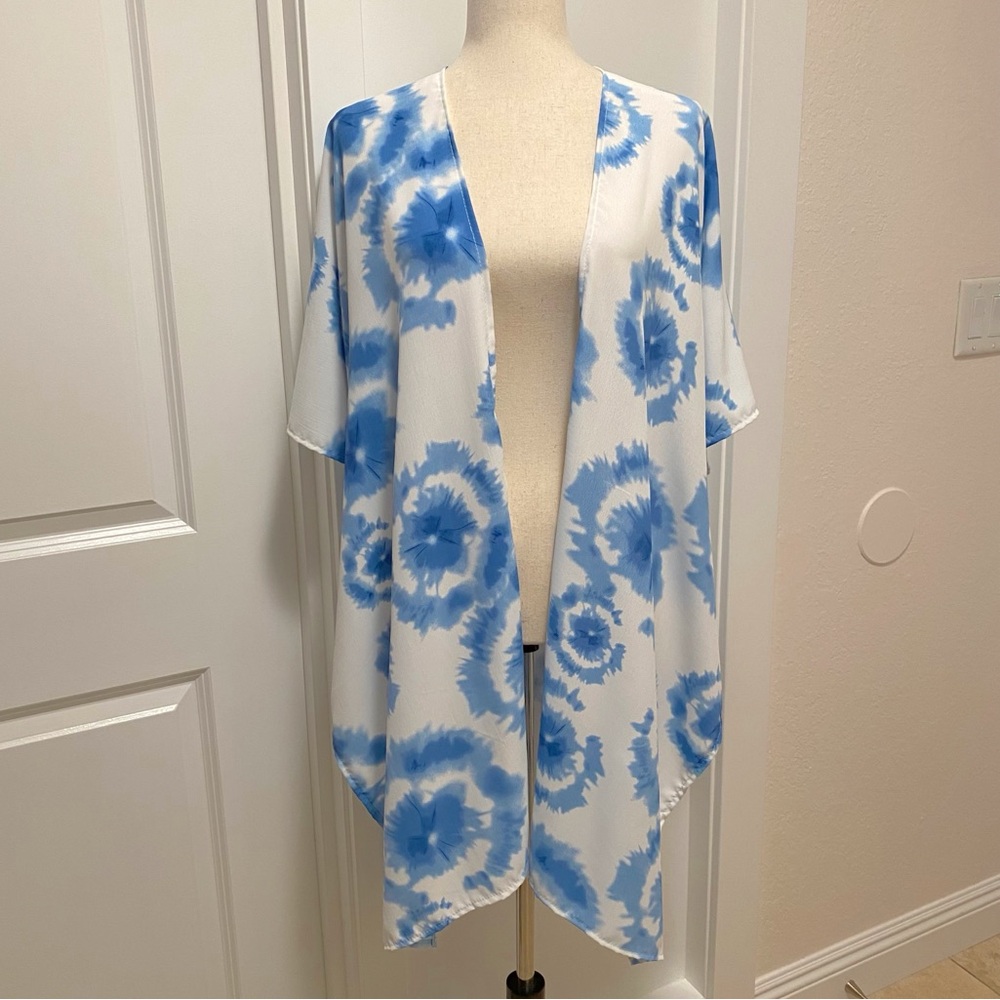Abstract Tie Dye Kimono Open Front Blue White Art To Wear One Size Unique Flowy